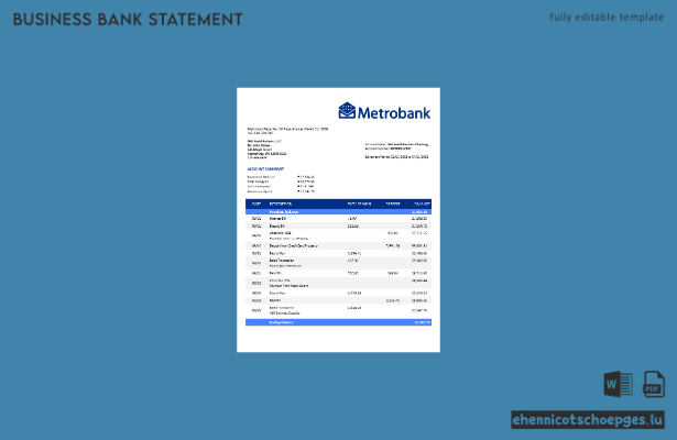 Metrobank-Unternehmenskontoauszug – Beispielansicht in Word und PDF